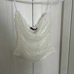 Lulu's White Mesh Pearl Strapless Crop Top (Size M)